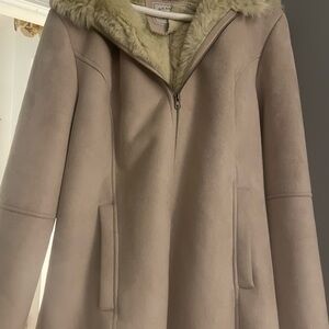 Cream Suede Jacket with Hood and Plush Lining